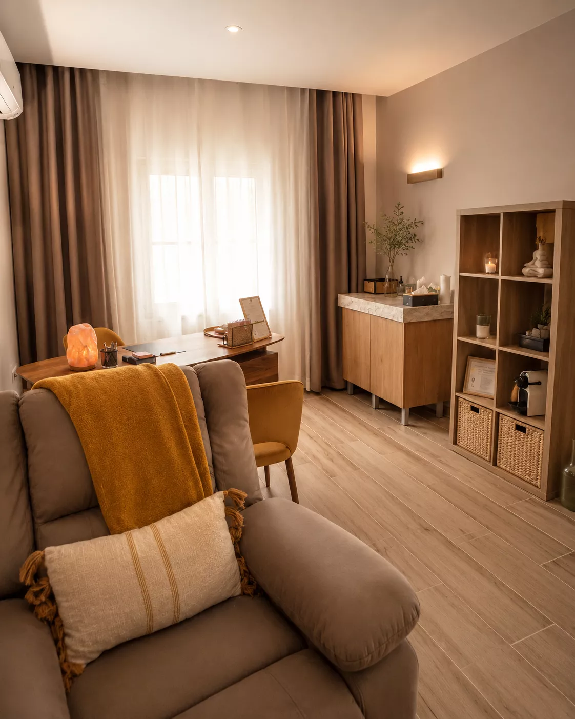 Cabinet d’hypnose de Julie à Neuilly-Plaisance avec fauteuil, bureau, lumière douce et ambiance chaleureuse