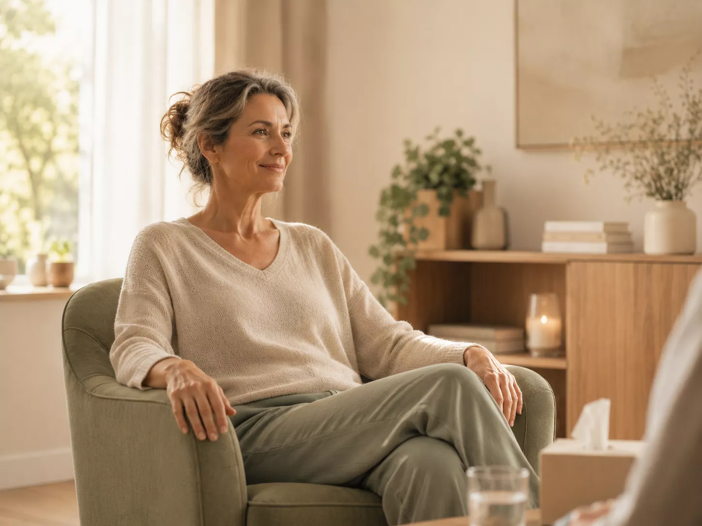 Femme assise dans un fauteuil, calme et présente, pour illustrer une séance d’hypnose vécue en confiance