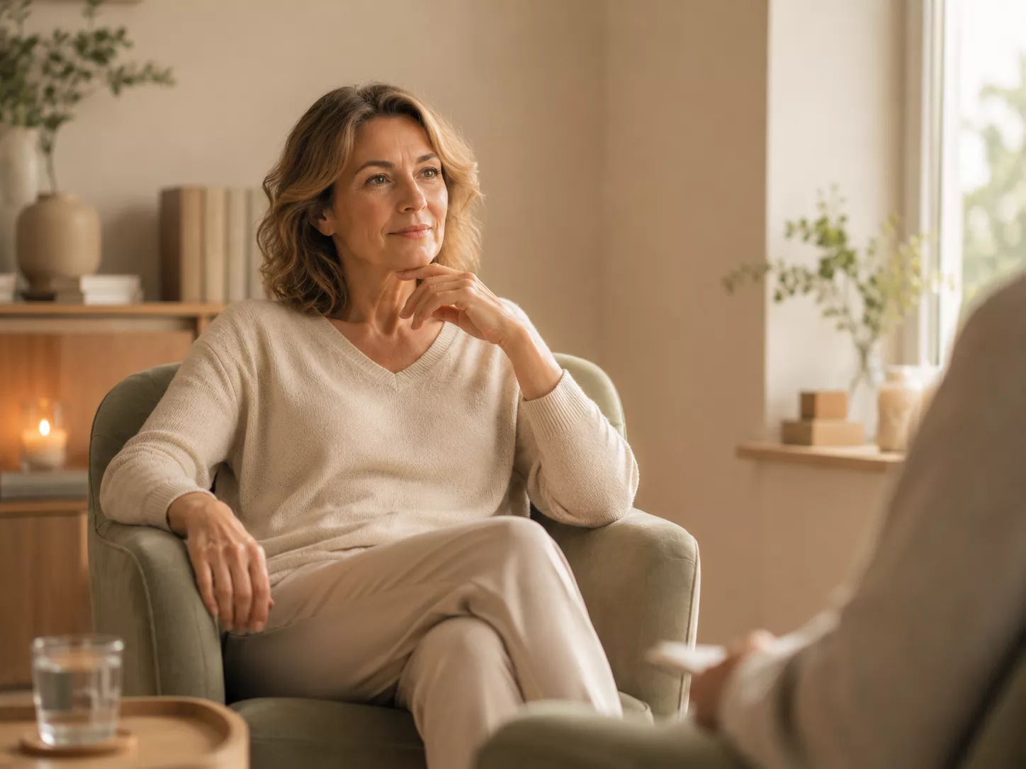 Femme en échange dans un cadre apaisant, attentive et détendue pendant une séance d’hypnose
