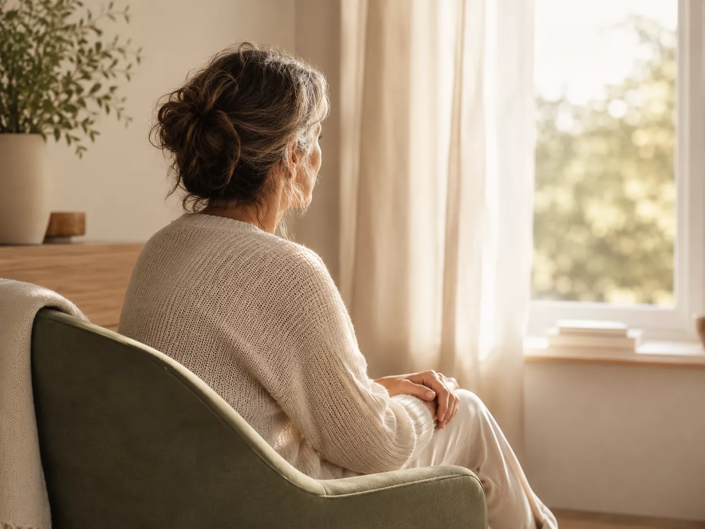 Femme assise près d’une fenêtre dans une ambiance douce, pour illustrer un récit anonymisé autour de la ménopause, du sommeil et de l’hypnose