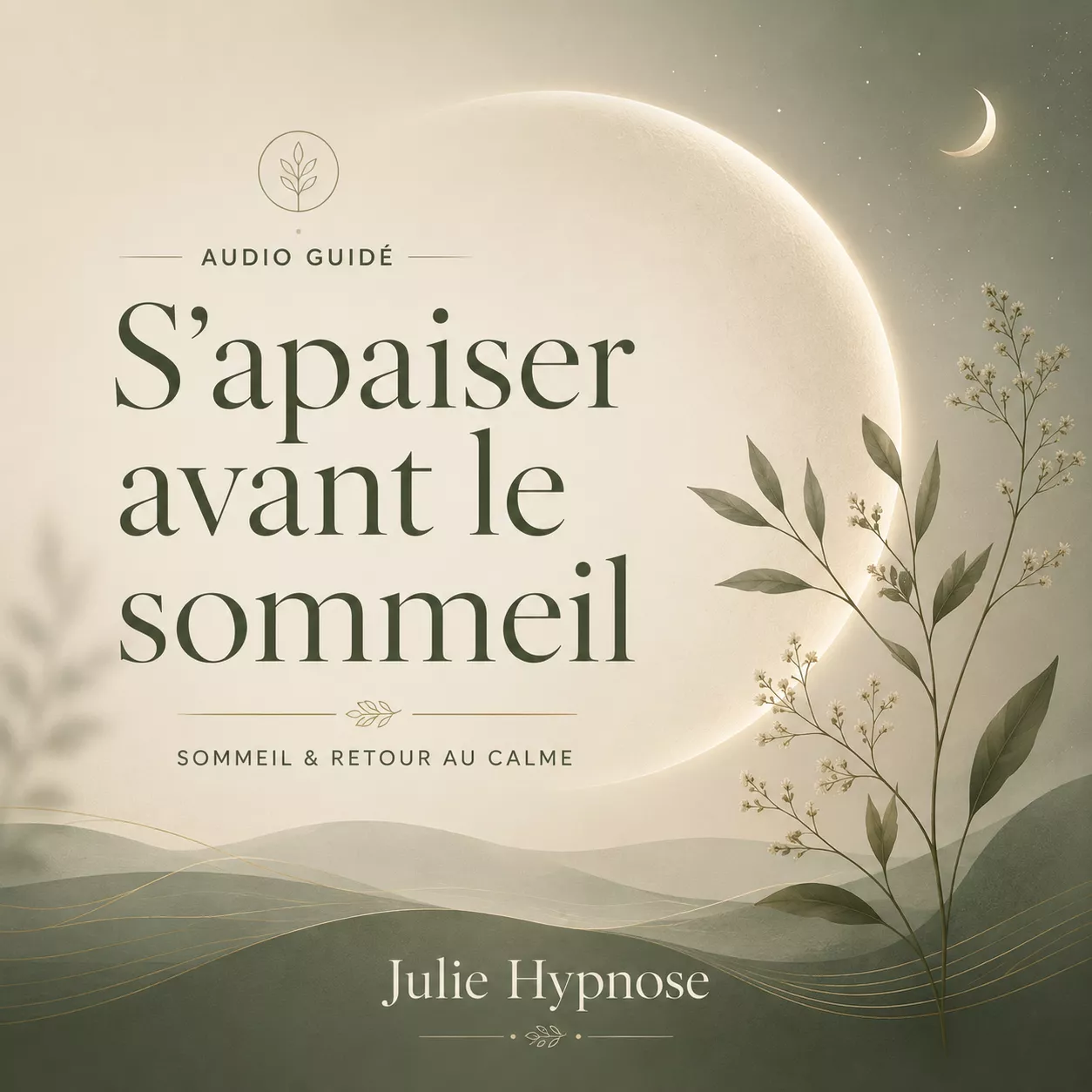 Visuel de l’audio guidé S’apaiser avant le sommeil de Julie Hypnose, avec une ambiance douce, végétale et nocturne autour du sommeil et du retour au calme.